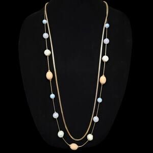 New York & Co Station Necklace Blue Beige Gold Tone Double Strand Beaded Jewelry